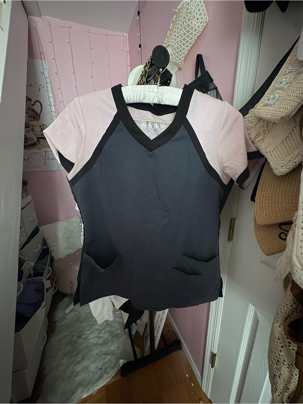 Grey's Anatomy Two-Tone V-Neck Scrub Top in Pink and Black
